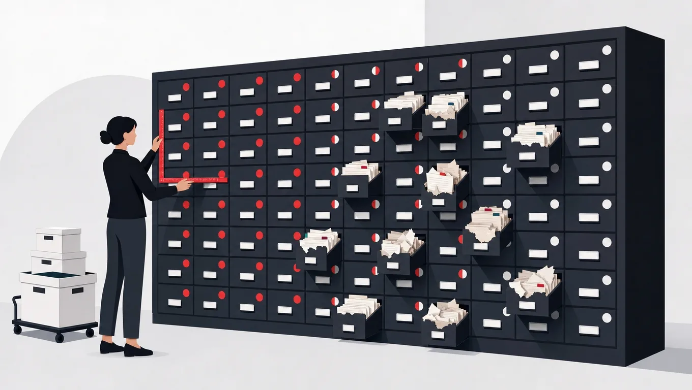 A wall of catalog drawers being sampled and scored with dots, revealing zones of clean and messy records