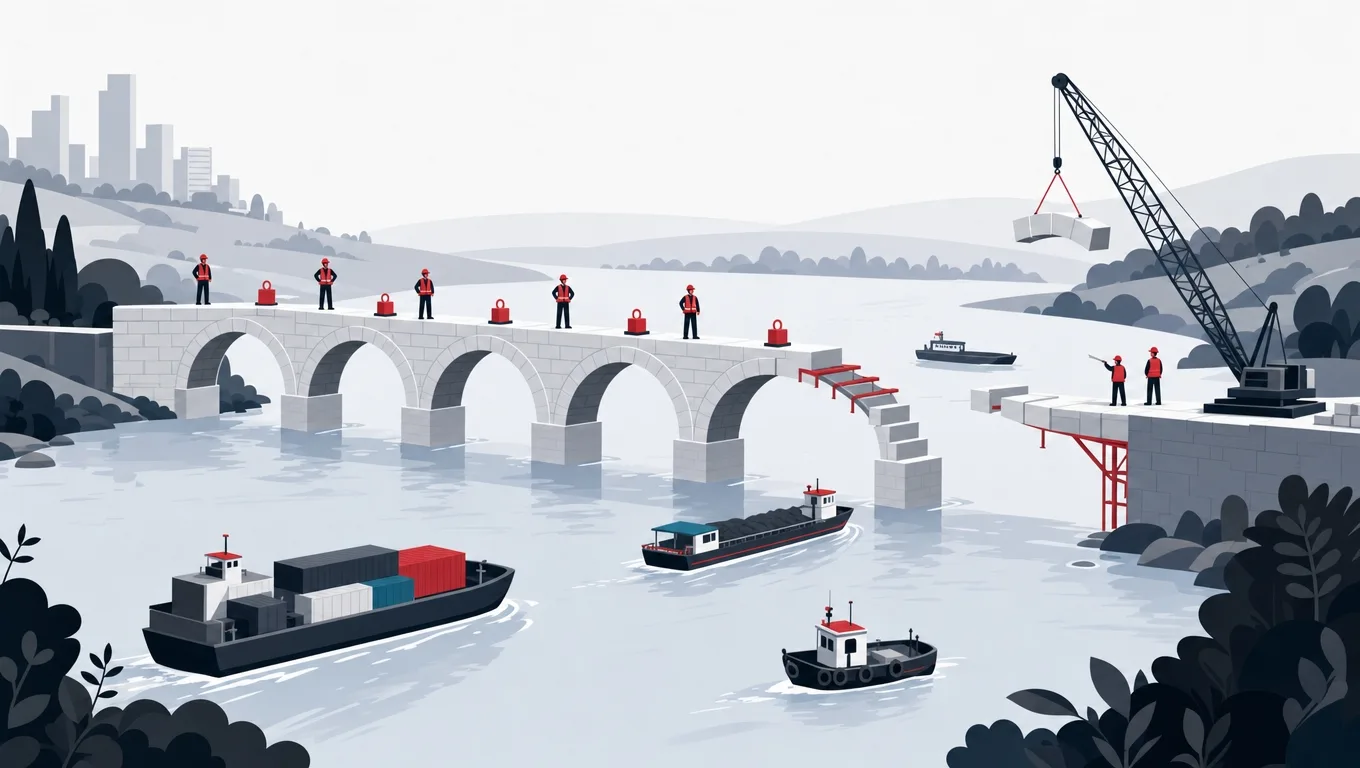 A bridge built in numbered tested stages across a river of continuous boat traffic