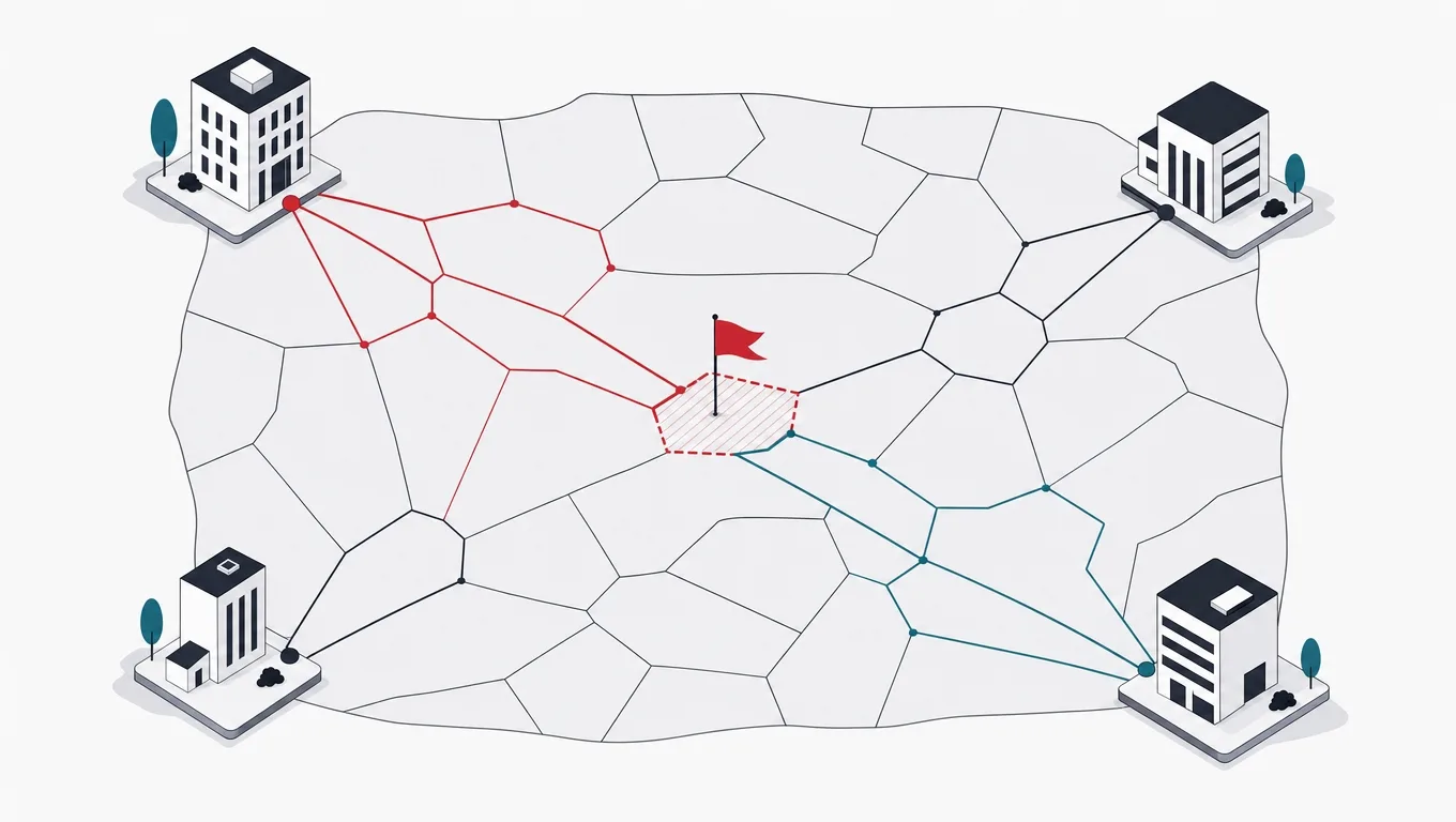 An estate map with parcels deeded to different system buildings and one red-flagged parcel claimed by two