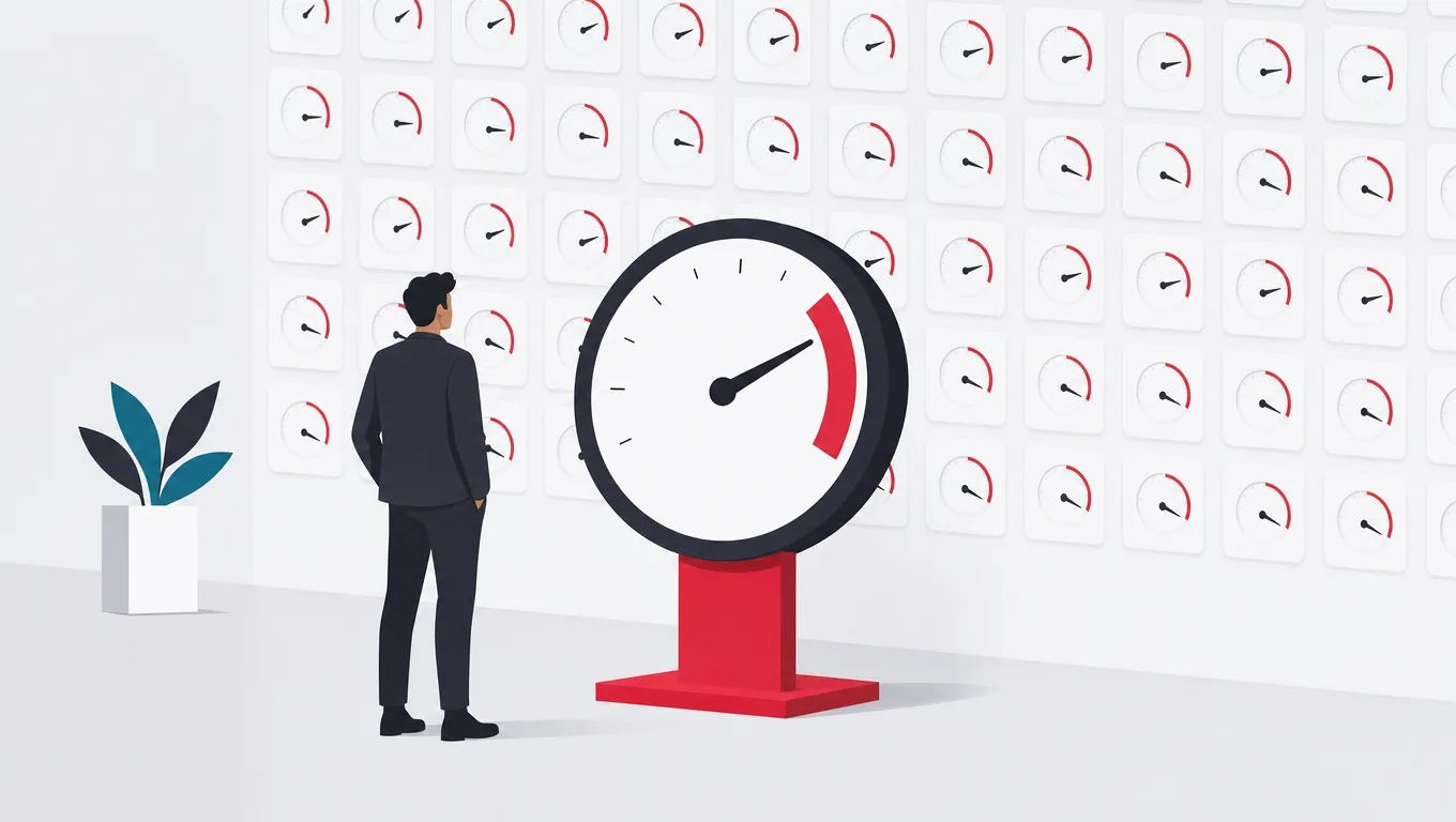 A manager reading one large gauge on a red stand in front of a decorative wall of small pleasant dials