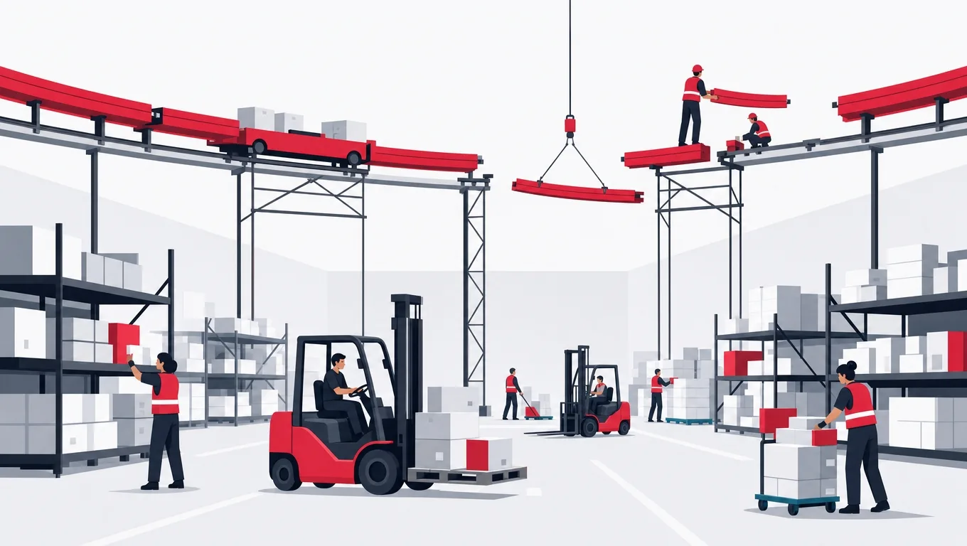A working warehouse with an overhead red rail system being installed in sections without stopping floor operations