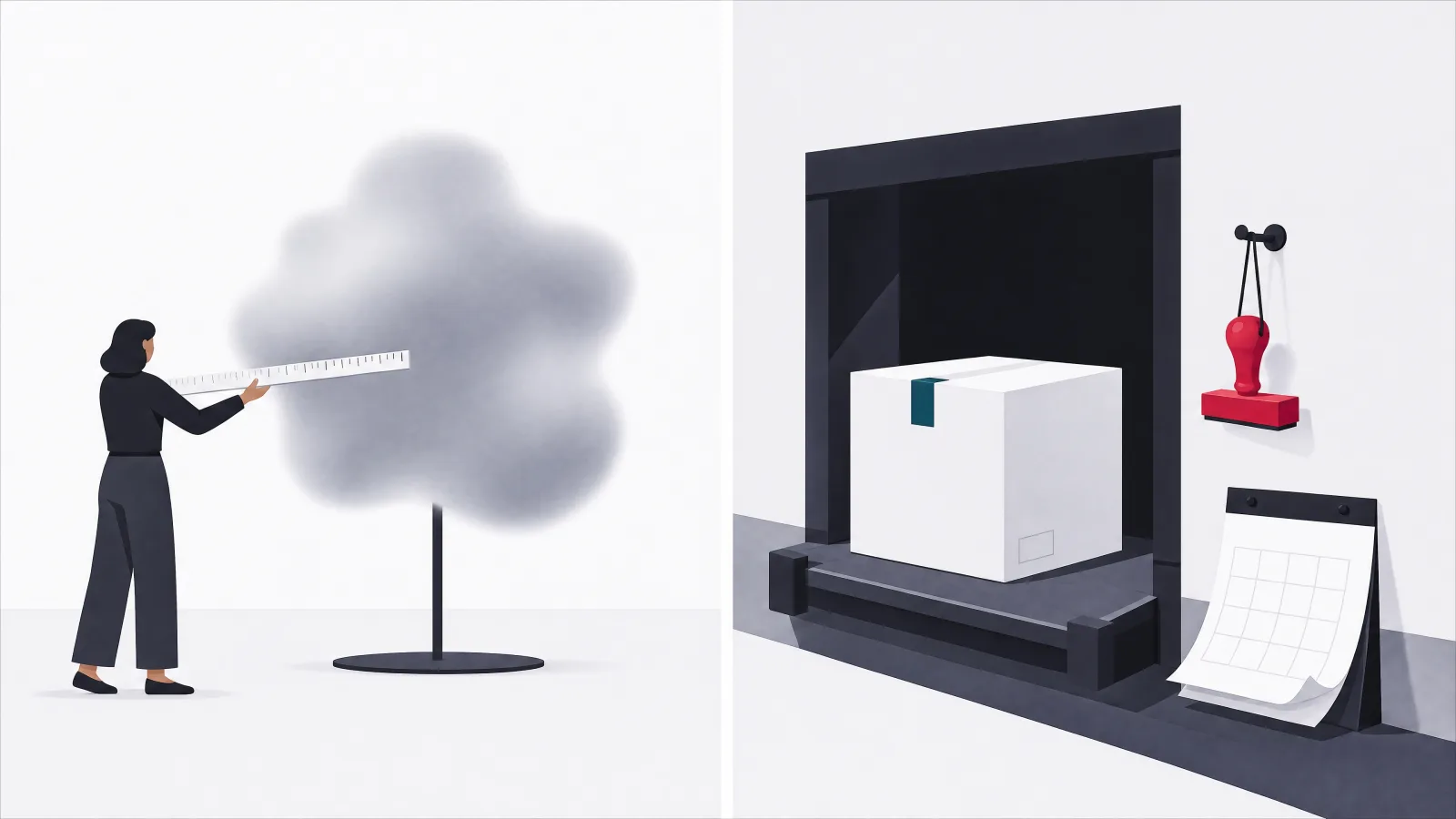 A figure measuring a cloud-shaped blob with a ruler beside a delivered box next to an unused stamp on a hook and a curling calendar page