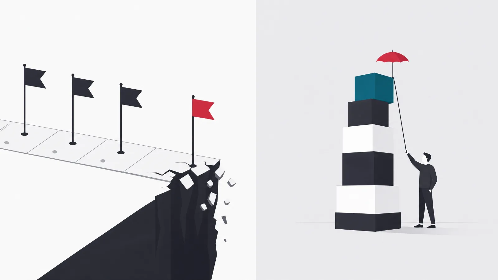 Flags on a calendar strip with the ground under the last one crumbled, beside a tiny umbrella sheltering only the top of a tall stack of blocks