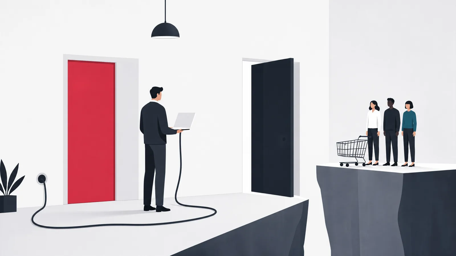 A figure in a room with a handleless door and a second door opening onto a gap with no bridge, a cable from their laptop disappearing into the wall