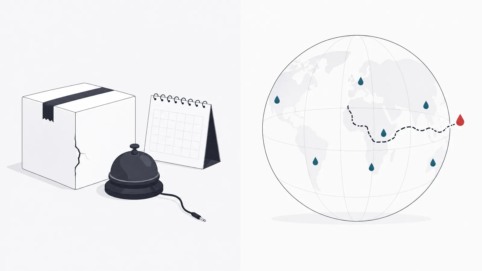A cracked product box with an unattached service bell beside a globe with data drops scattered across regions and one crossing a border line