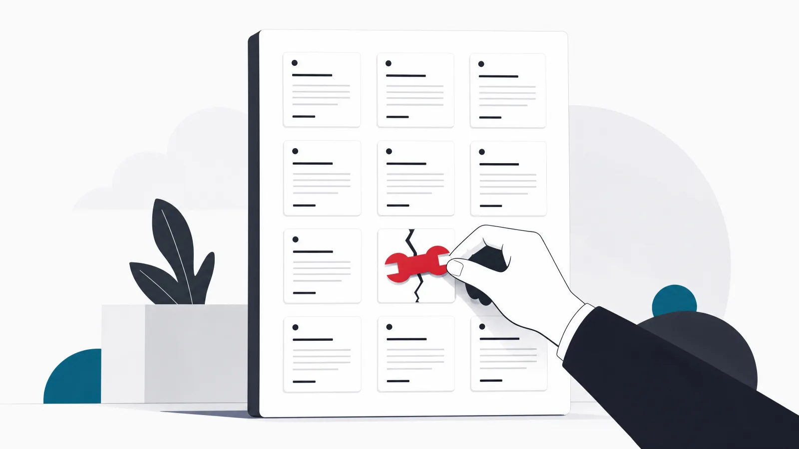 An upright contract document with a grid of twelve clause blocks, one cracked and being patched by a hand holding a wrench-shaped piece