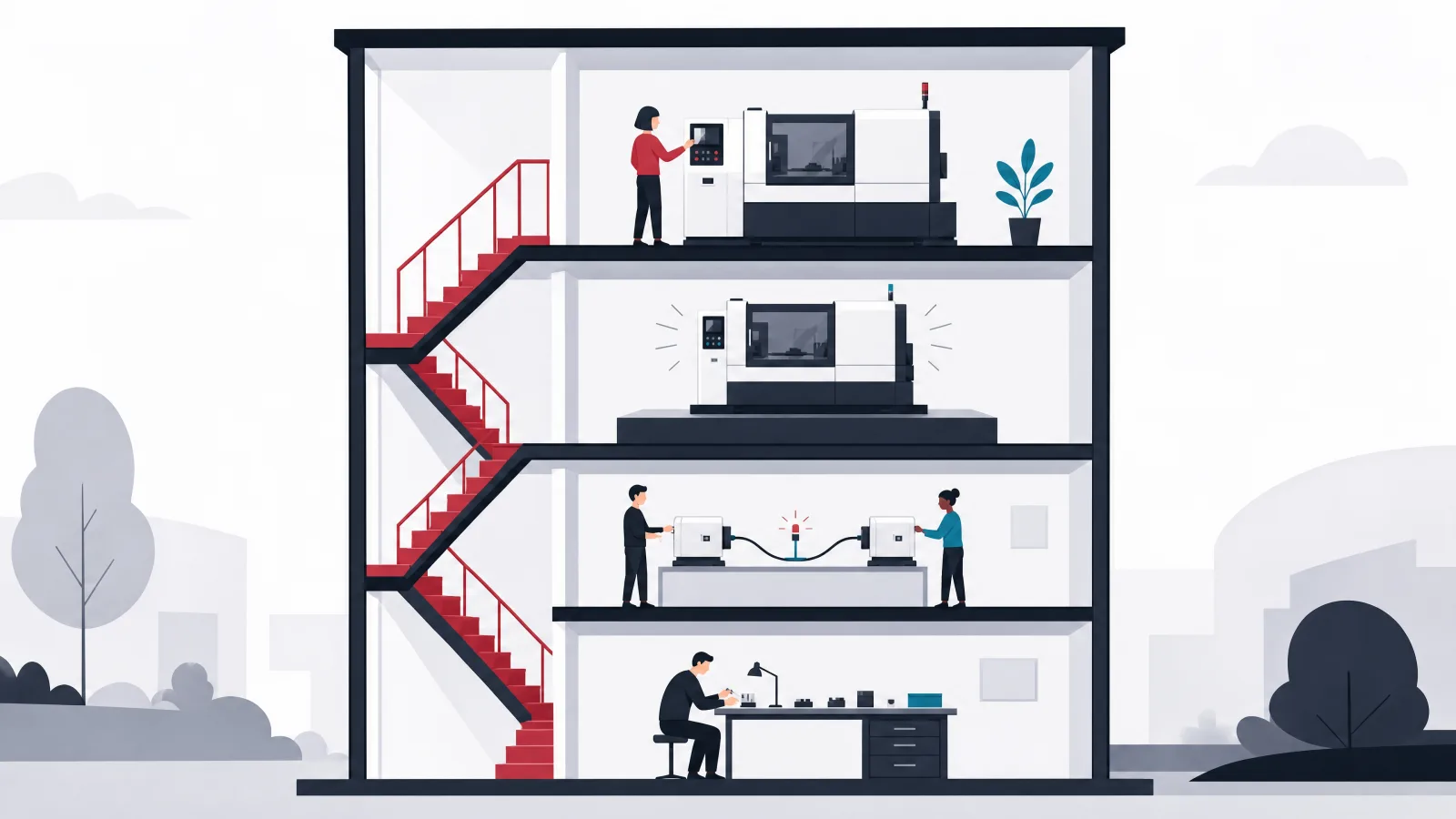 A four-story cutaway building with component checks on the ground floor, cable connections on the second, a running machine on the third and a customer using it on top