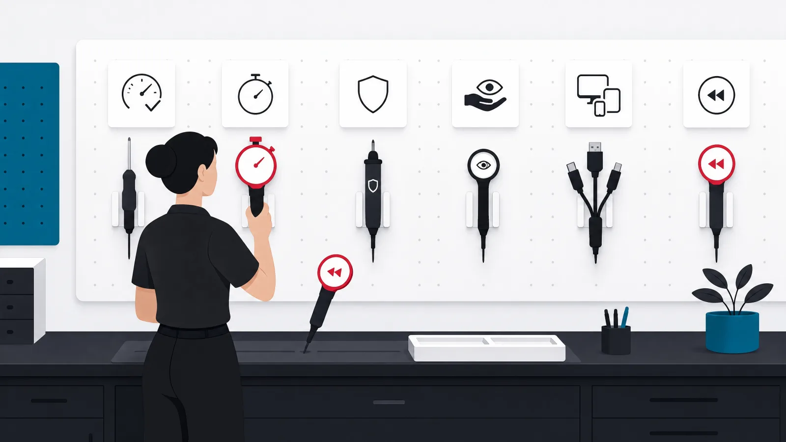 An instrument wall of tools with a checkmark gauge, stopwatch, shield, hand-and-eye shape, device cluster and rewind arrow, with a figure selecting two