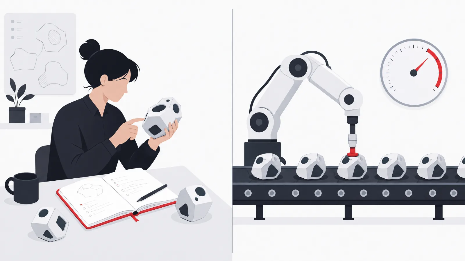 A tester exploring an irregular device by hand with a notebook beside a robot arm repeating one press across identical devices with a spinning counter