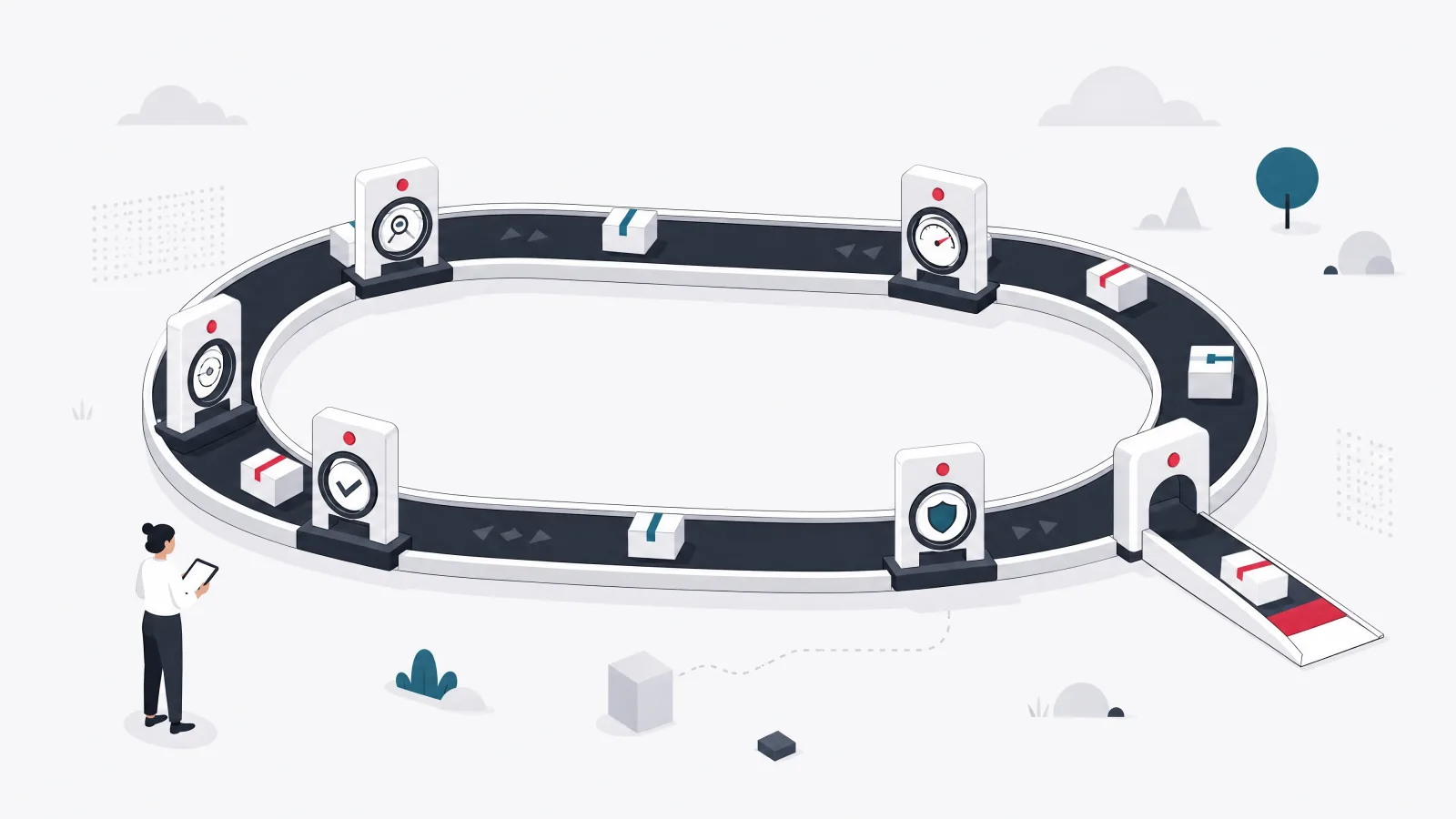 A racecourse loop with code parcels passing through several small gate stations with lenses and gauges before a release ramp