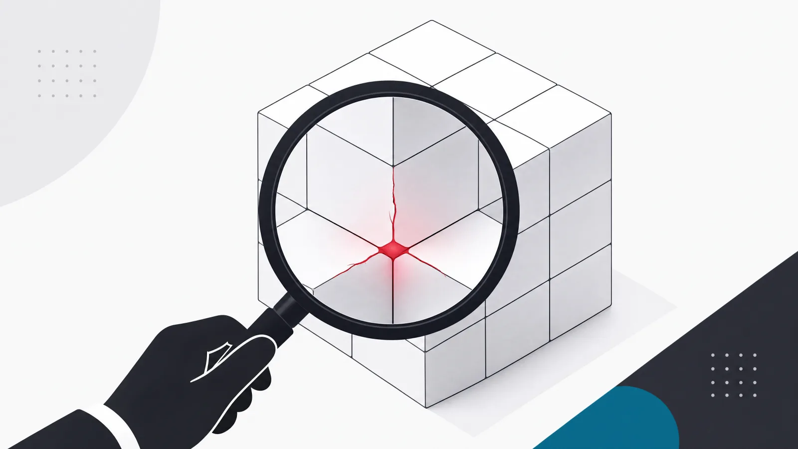 A magnifying lens over an isometric software cube revealing one glowing hairline crack in an otherwise flawless structure