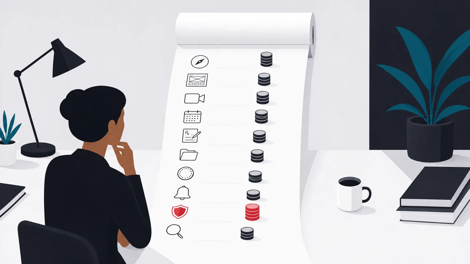 An unrolled receipt scroll with icon lines for discovery, design, video, calendar, prescription, records, payments, bell, shield and lens, each with a coin stack