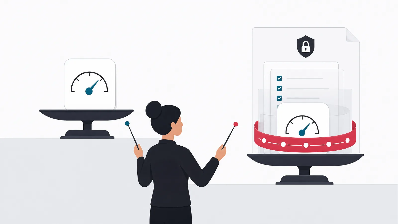 Two identical feature blocks on scales, one bare and one wrapped in lock, audit ribbon, checklist and documentation layers, the wrapped pan sitting lower