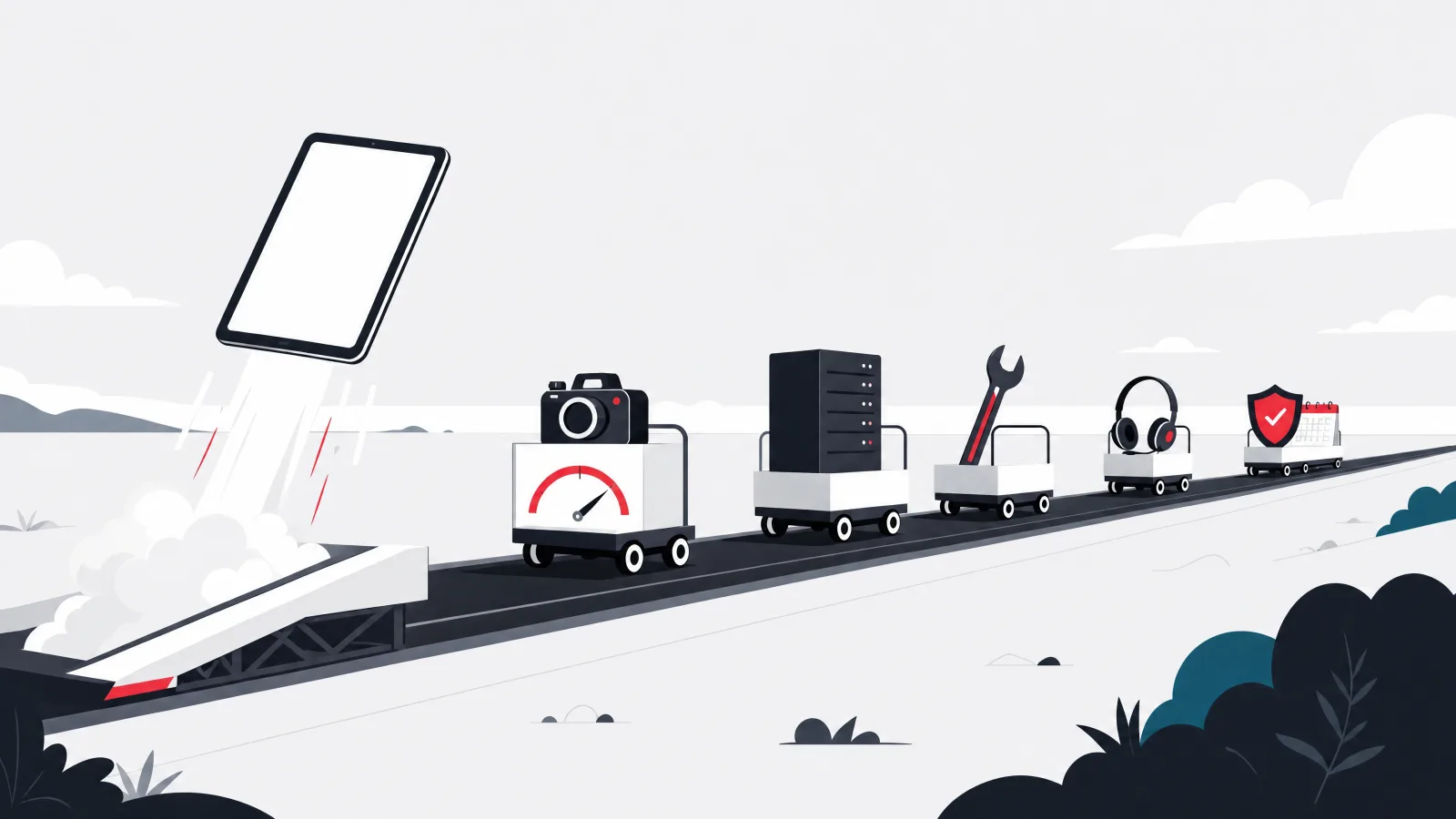 A tablet lifting off a ramp beside a long road carrying carts with a metered camera, server cabinet, wrench, headset and shield with a calendar page