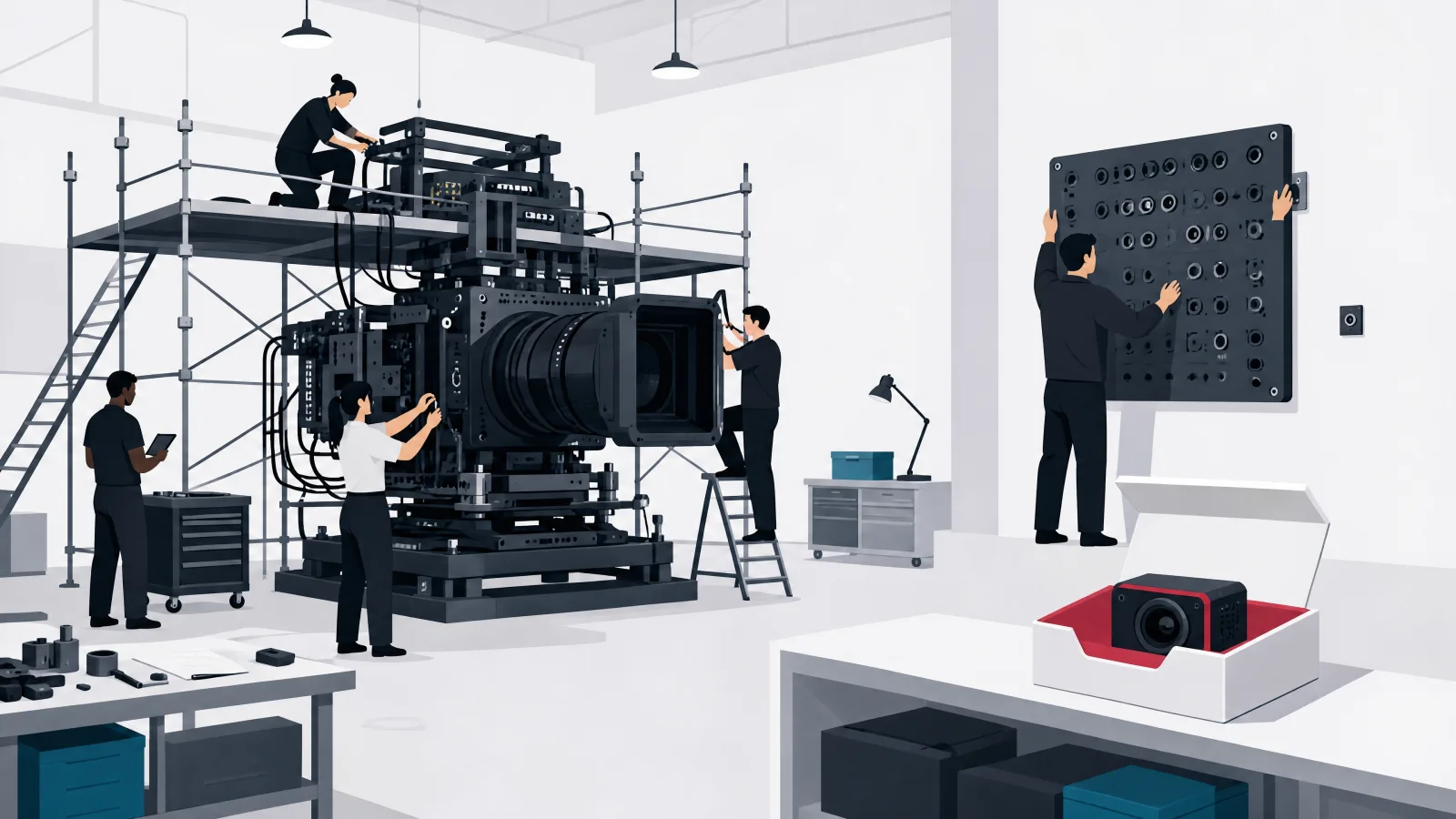 A team building a giant custom camera rig while a compact ready-made module sits boxed on a shelf, and a figure bolting a huge connector panel to a wall with one socket