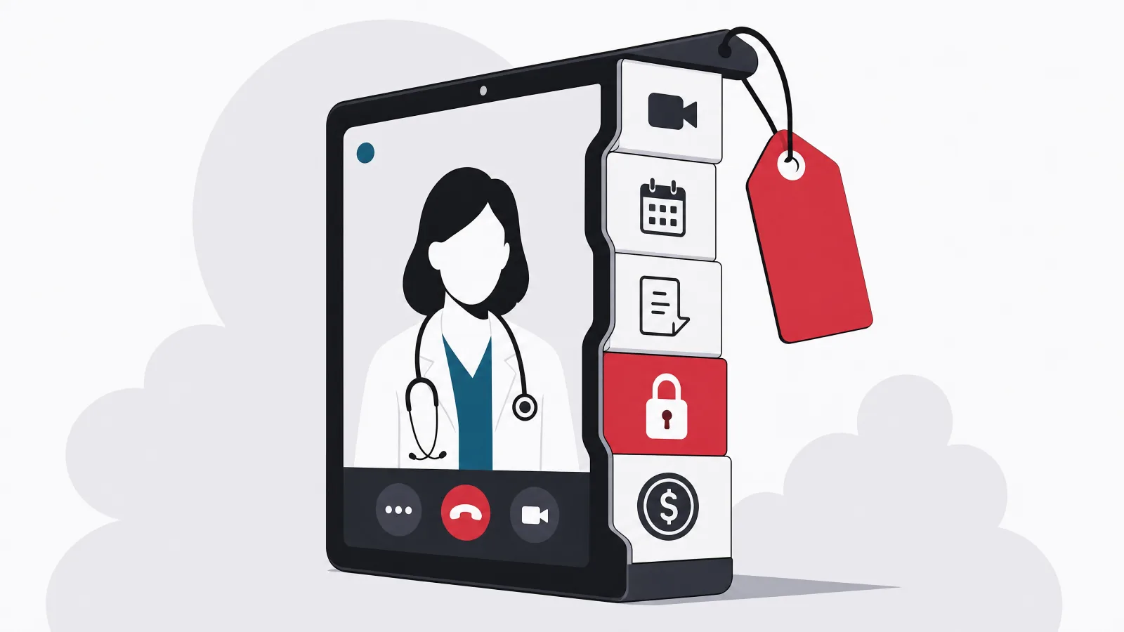 A tablet showing a clinician video call, cut away to reveal a stack of camera, calendar, prescription, lock and coin blocks with a hang-tag