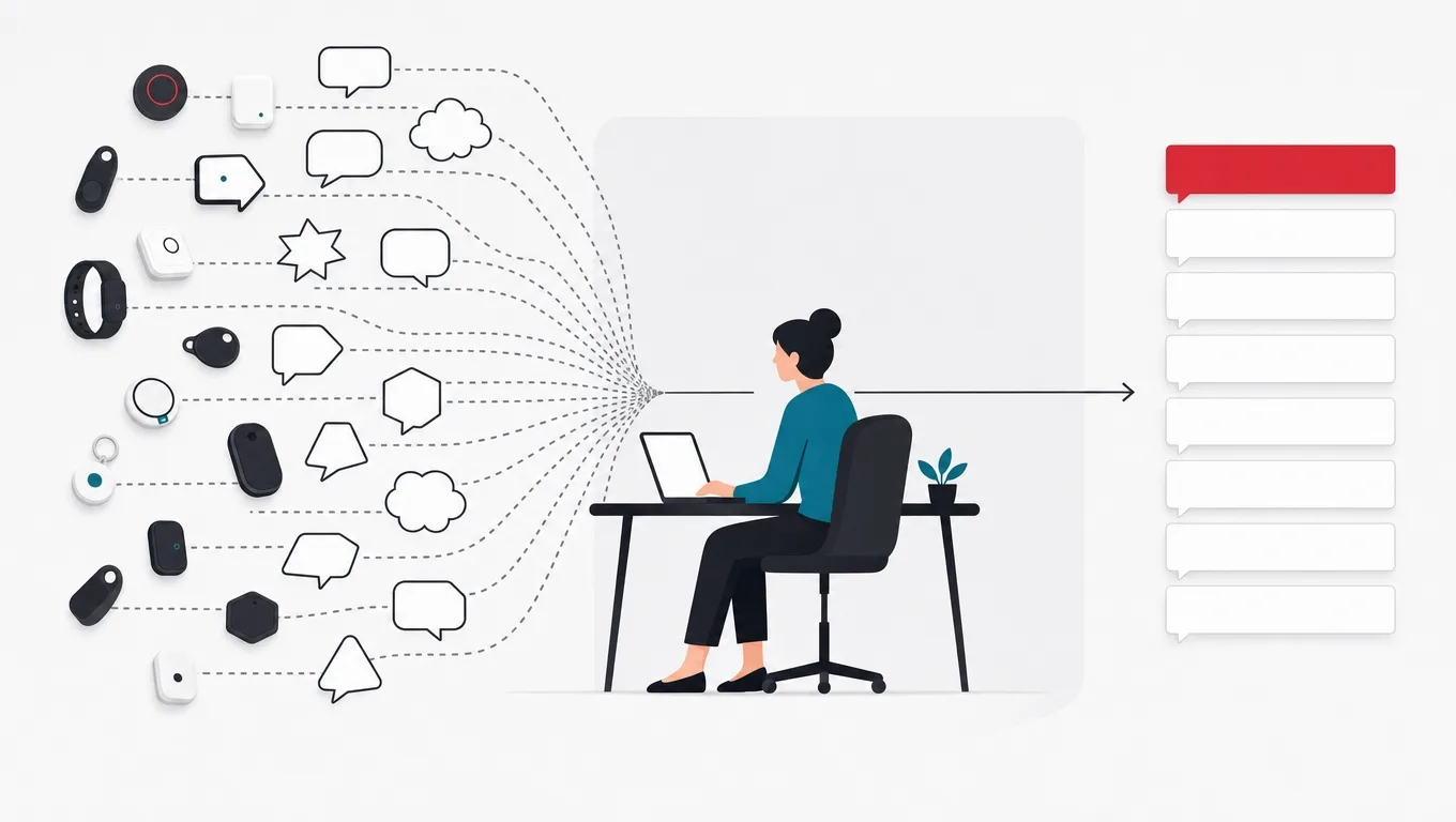 Many devices with differently shaped speech bubbles being translated into one uniform stack