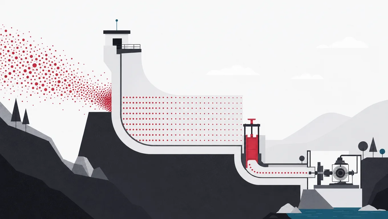 A torrent of data dots calmed in a reservoir and released through a red sluice at a steady rate