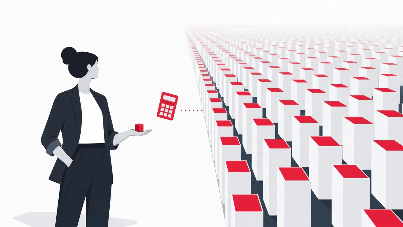 A figure holding one tiny data cube in front of a vast warehouse filled with its multiplied copies