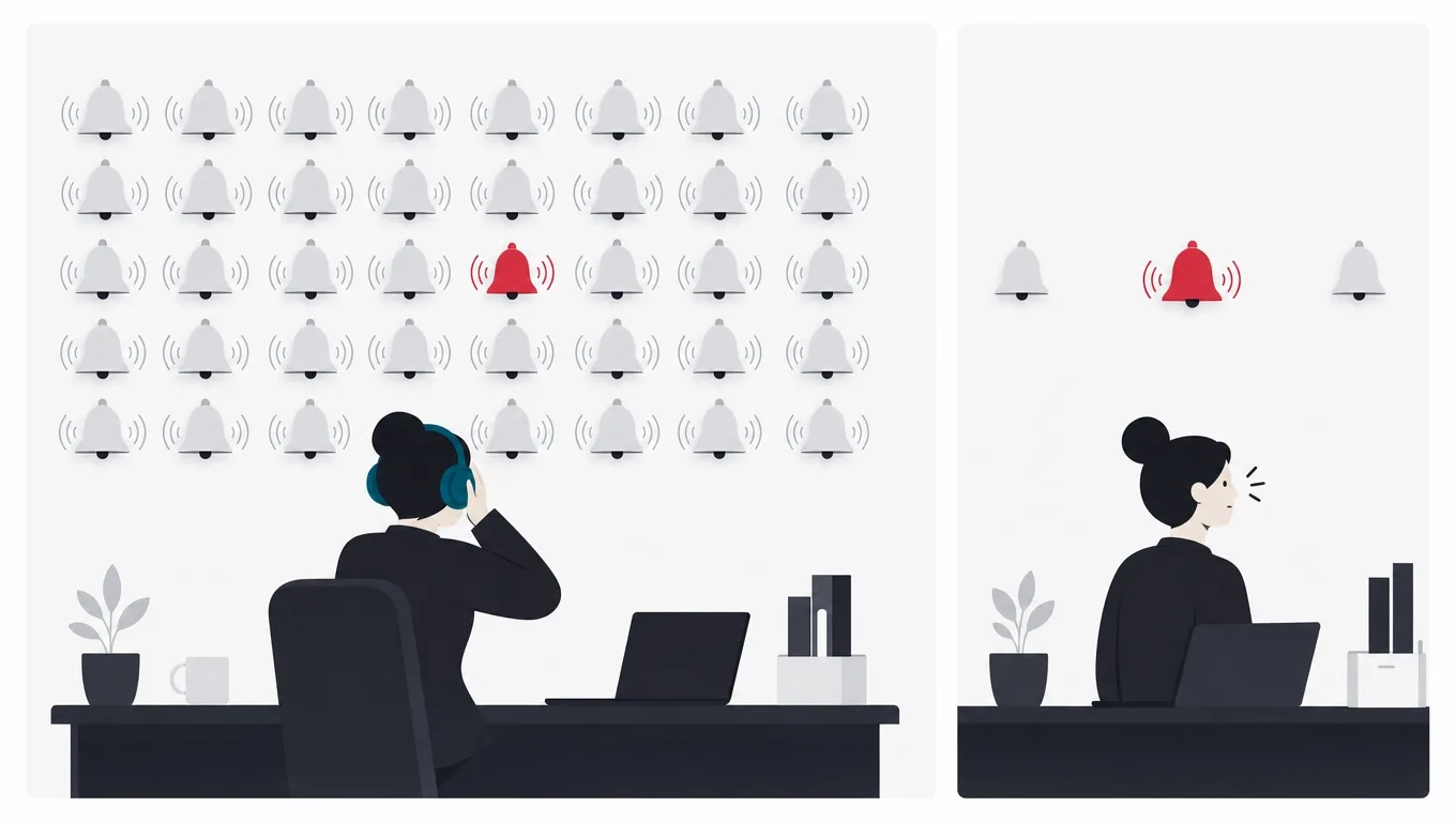 A figure with ear covers ignoring a wall of ringing bells, then attentive to a wall of only three