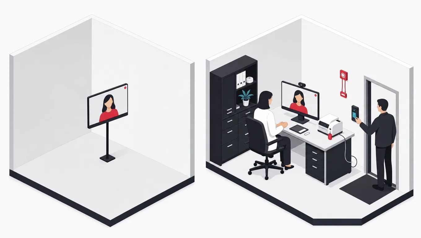 A stage-set video call room beside a fully equipped clinical room with records, prescriptions, identity check and a red emergency handle