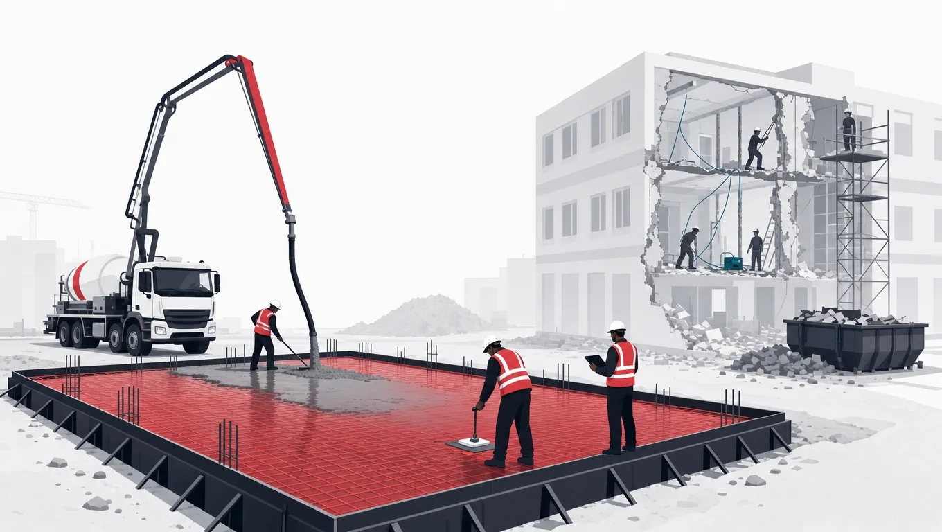 An inspector approving a reinforced red-mesh foundation slab before walls, with a costly retrofit shown faintly behind