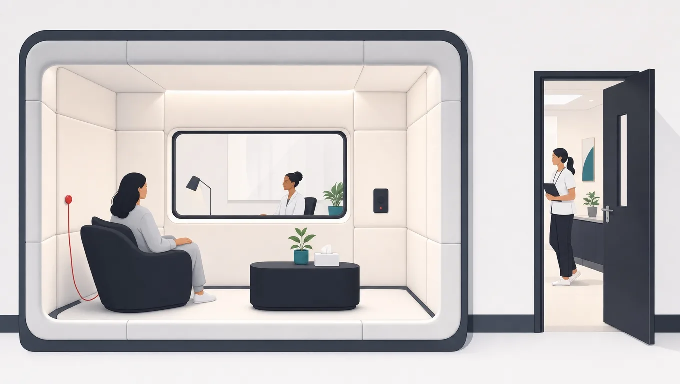 A consultation space with reinforced soft walls, a reachable red assistance cord and an escalation door ajar