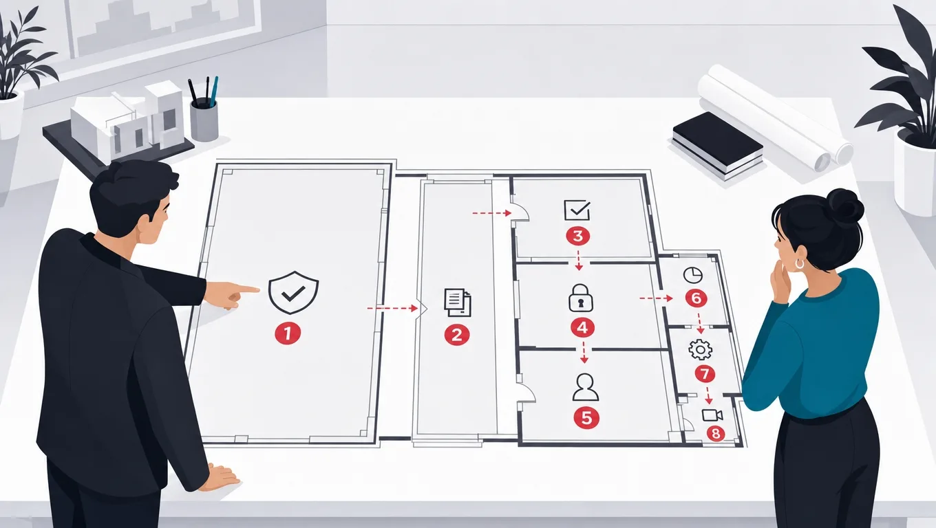 A building plan with rooms sized by true cost and red build-order numbers starting at the foundation