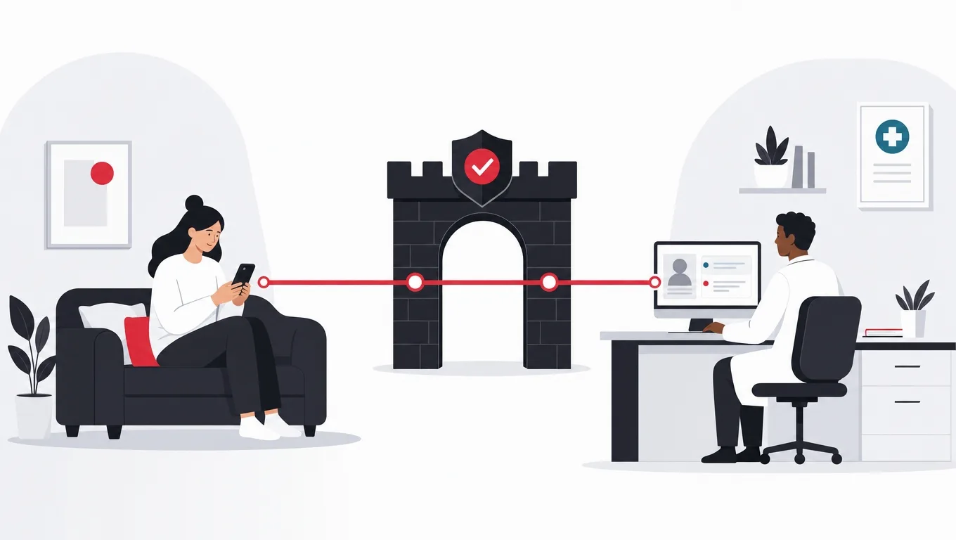 A patient at home and a clinician at a desk joined by a red line passing through a fortified checkpoint arch