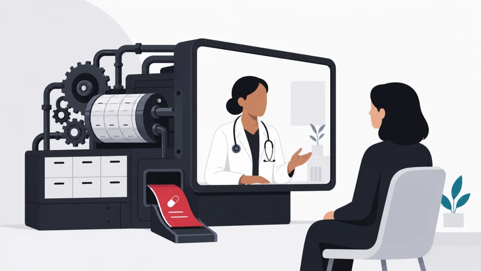 A doctor and patient meeting through a screen frame that is the front of a large hidden machine