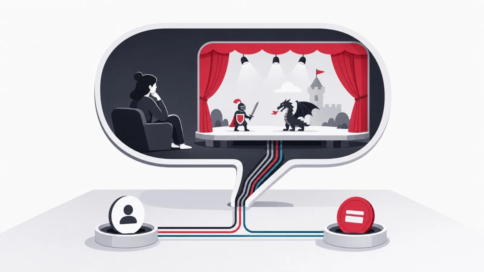 Cutaway chat bubble containing a miniature game stage wired into identity and payment sockets below
