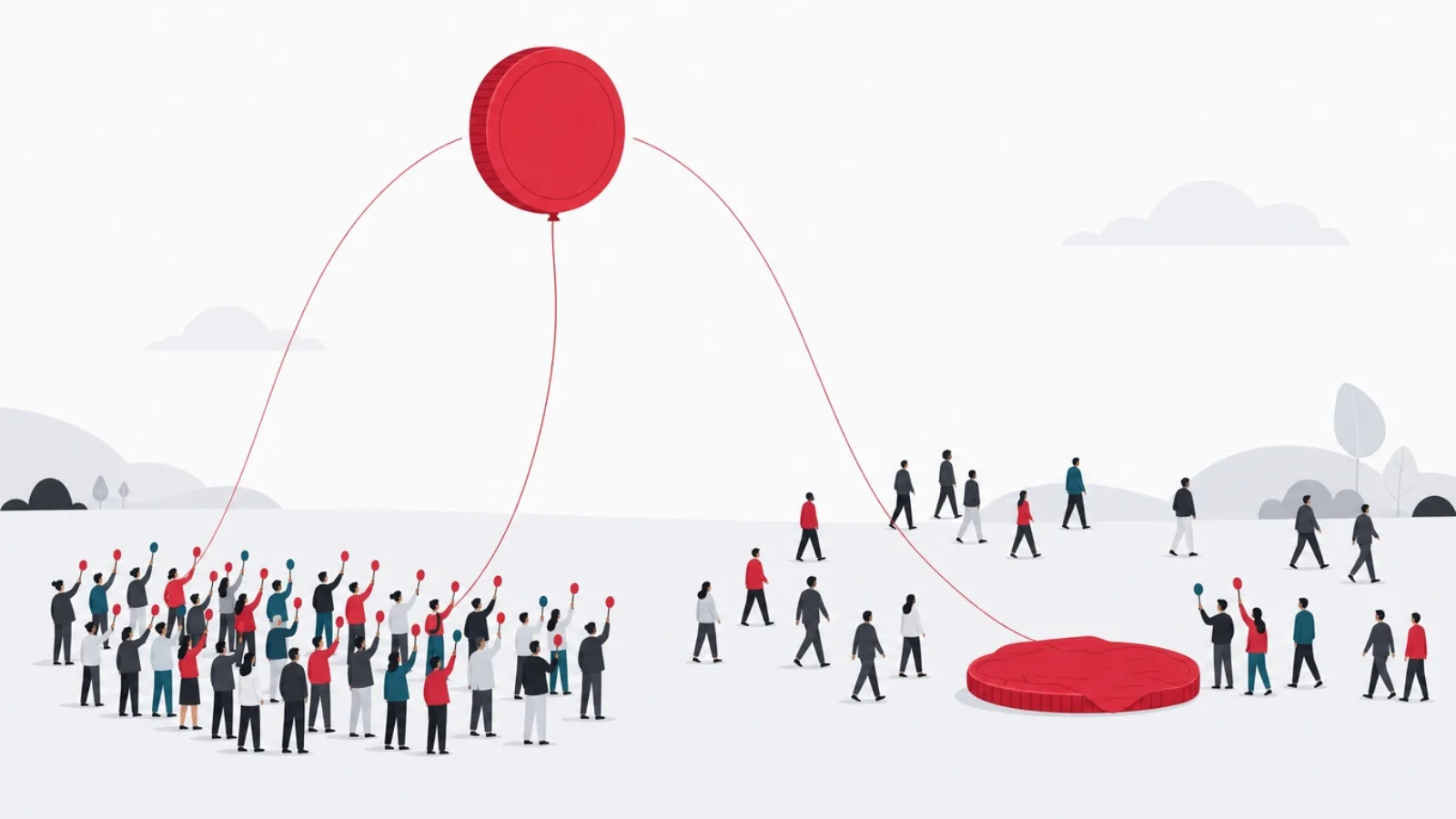 A coin-shaped balloon rising over a tapping crowd then drifting deflated as the crowd leaves