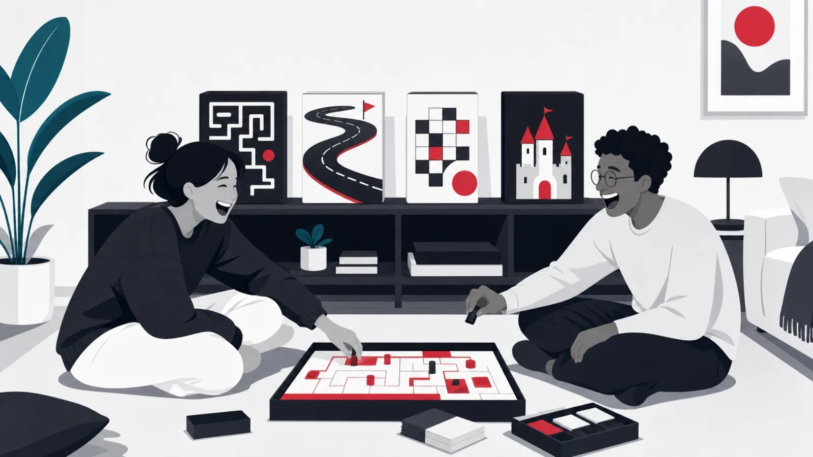 Two figures happily playing an open board game in front of a shelf of handcrafted game boxes, no coins present