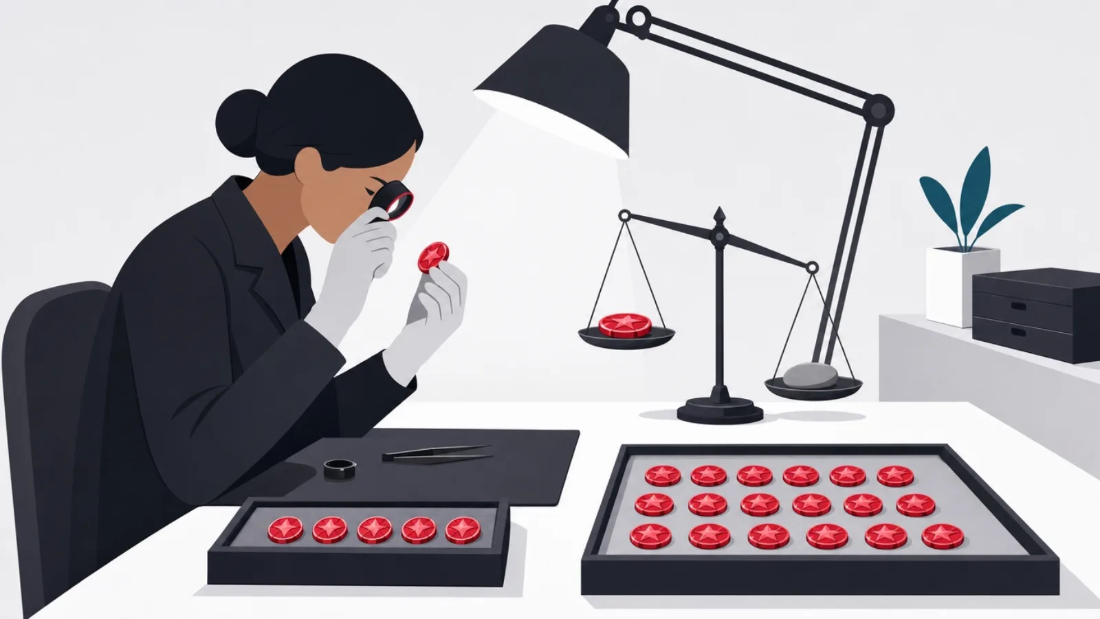 A figure inspecting a game token through a loupe while a balance shows it lighter than a plain pebble