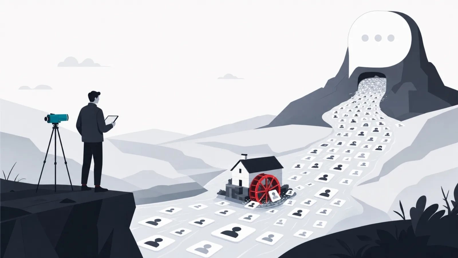 A builder measuring a river of user tiles flowing from a chat bubble mountain, a small mill catching some