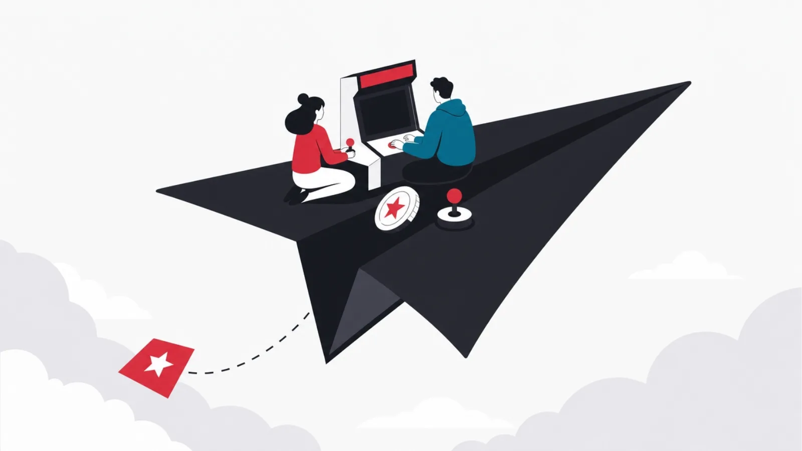 Figures playing at a tiny arcade mounted on a giant gliding paper plane, a red game tile trailing behind