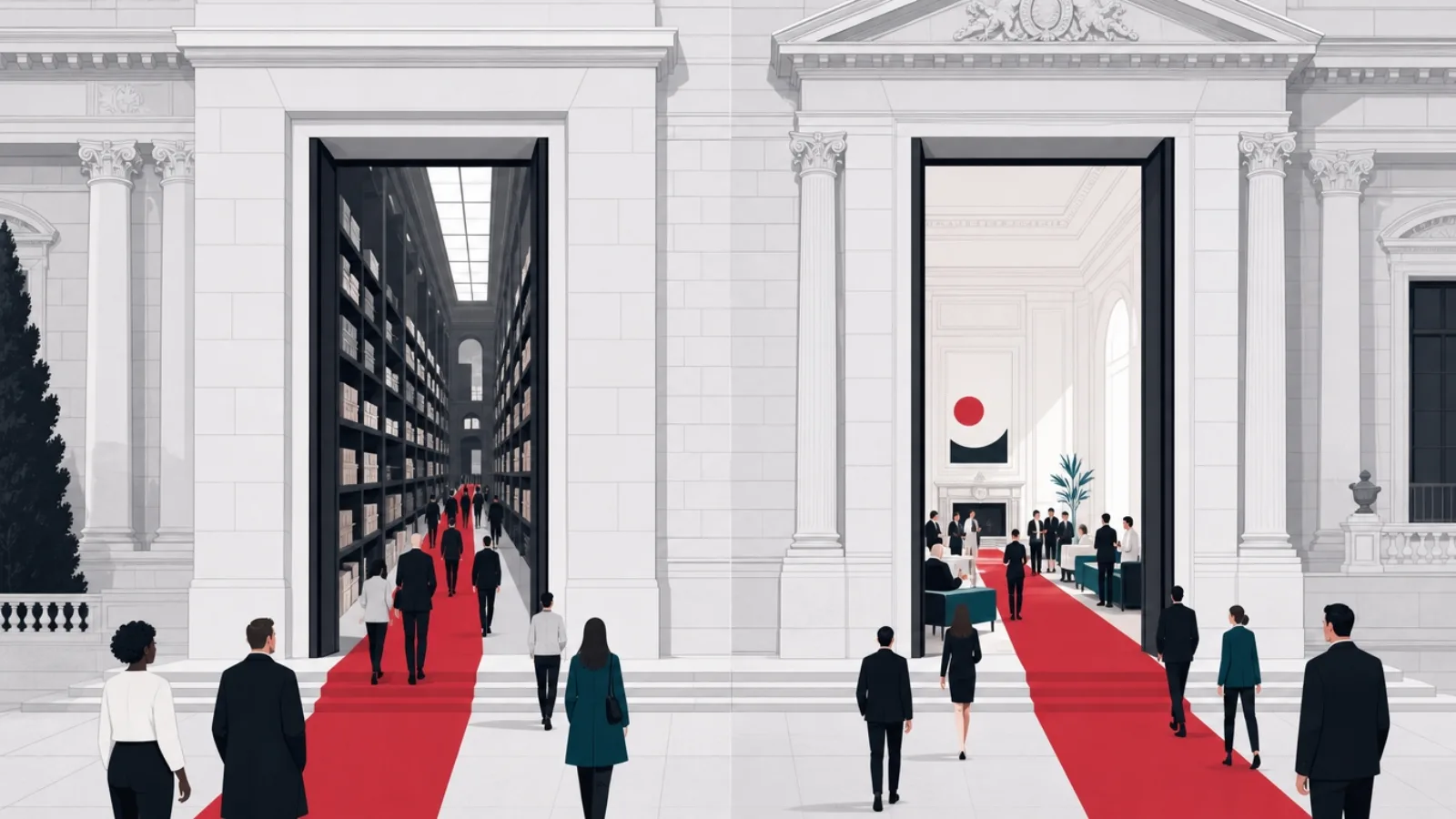 Two grand houses with new tall vertical doorways cut into their facades, red carpets running inside toward different interiors