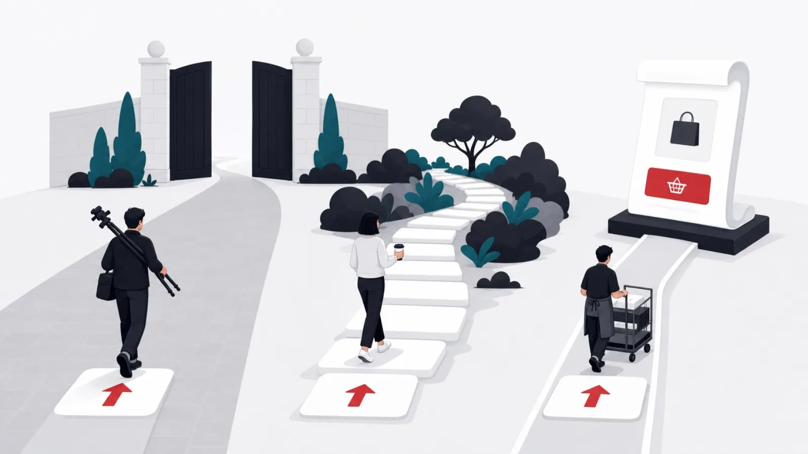 A creator with a tripod, a relaxed viewer and a merchant with a cart each walking distinct paths marked by red arrow stones