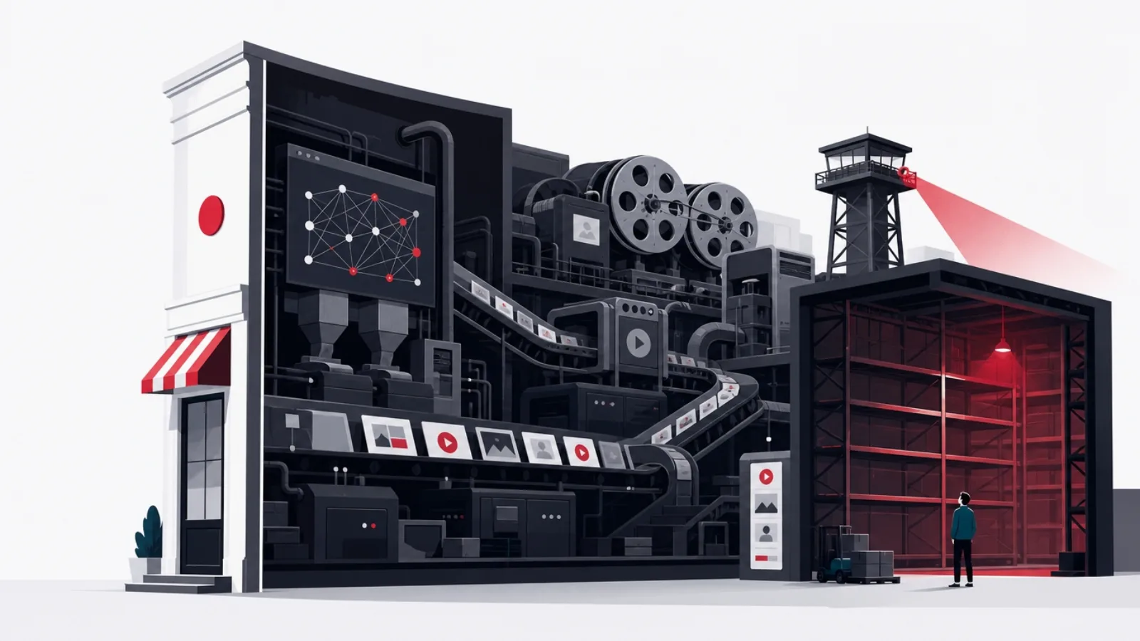 A small vertical-frame storefront with a cutaway revealing a huge industrial complex and a nearly empty warehouse under a red lamp