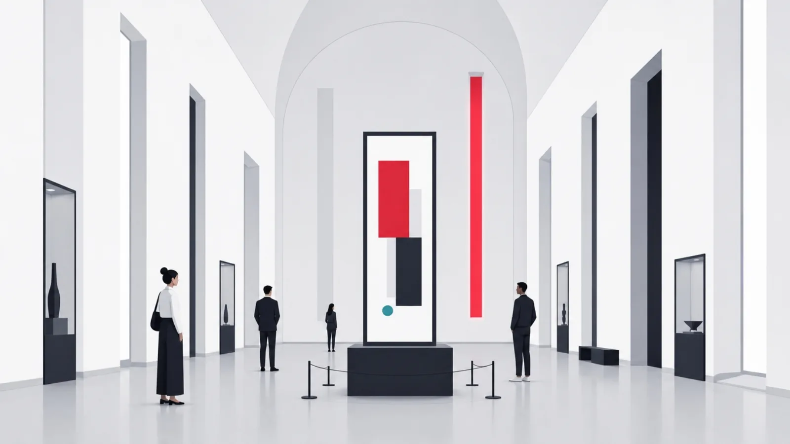 A museum hall displaying a vertical frame artifact while every window and doorway has quietly adopted the same proportions, one glowing red