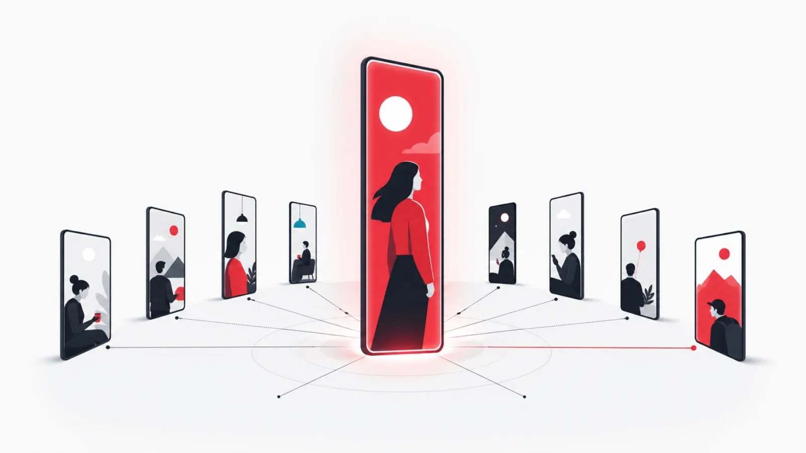 A central tall glowing vertical frame radiating influence lines to a half-circle of smaller vertical frames, one line in red