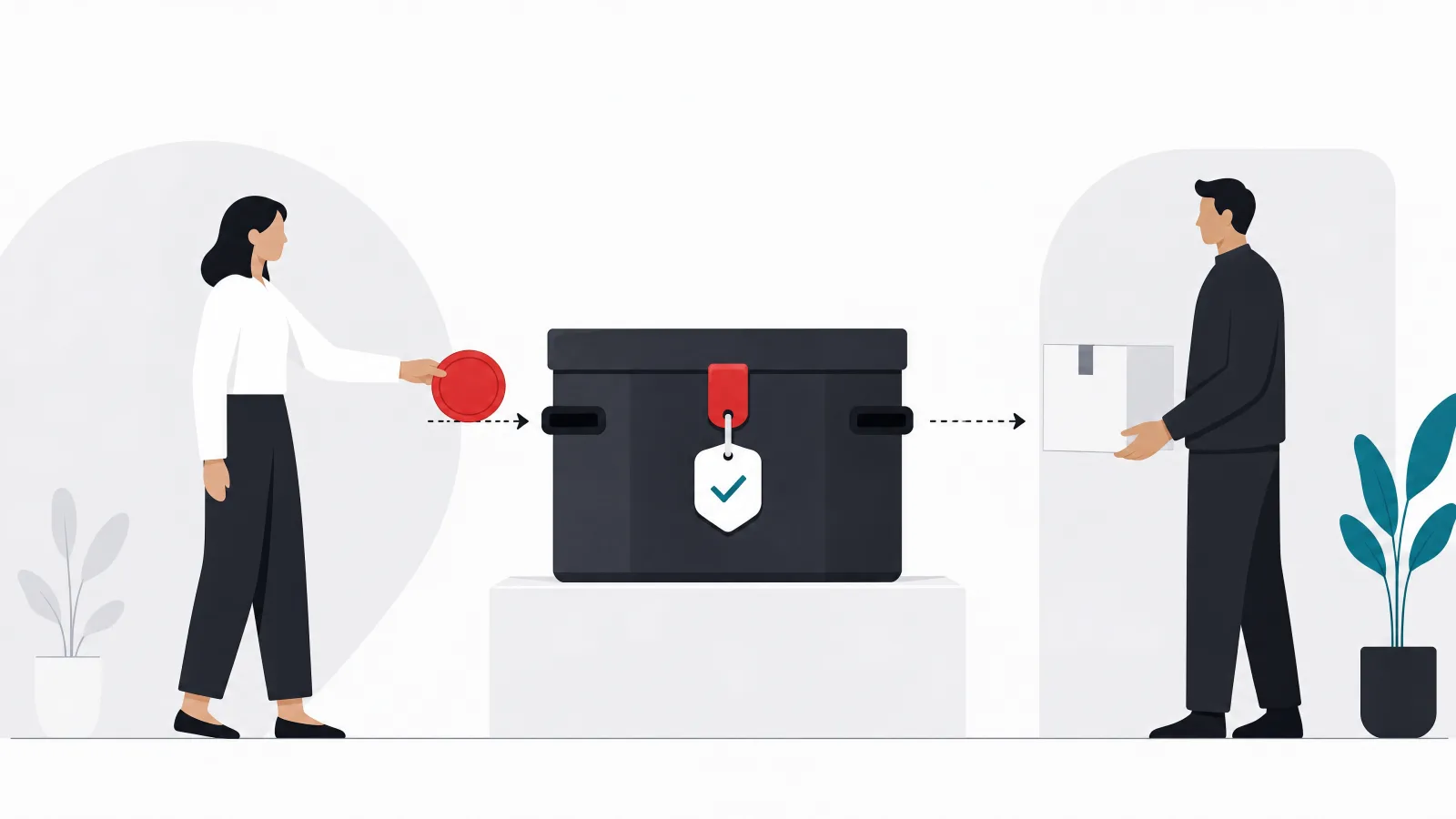 A buyer and a seller separated by a gap with a two-slot lockbox on a pedestal between them, a coin entering one side and a parcel waiting on the other