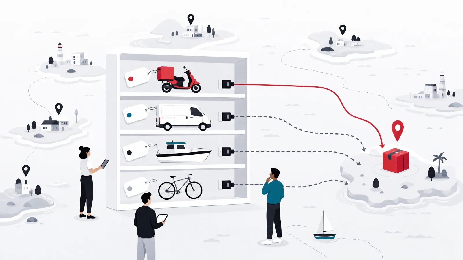 A dispatch shelf on an island map with a motorbike, a van, a boat and a bicycle plugging in as modules, and a parcel with three candidate routes, one highlighted