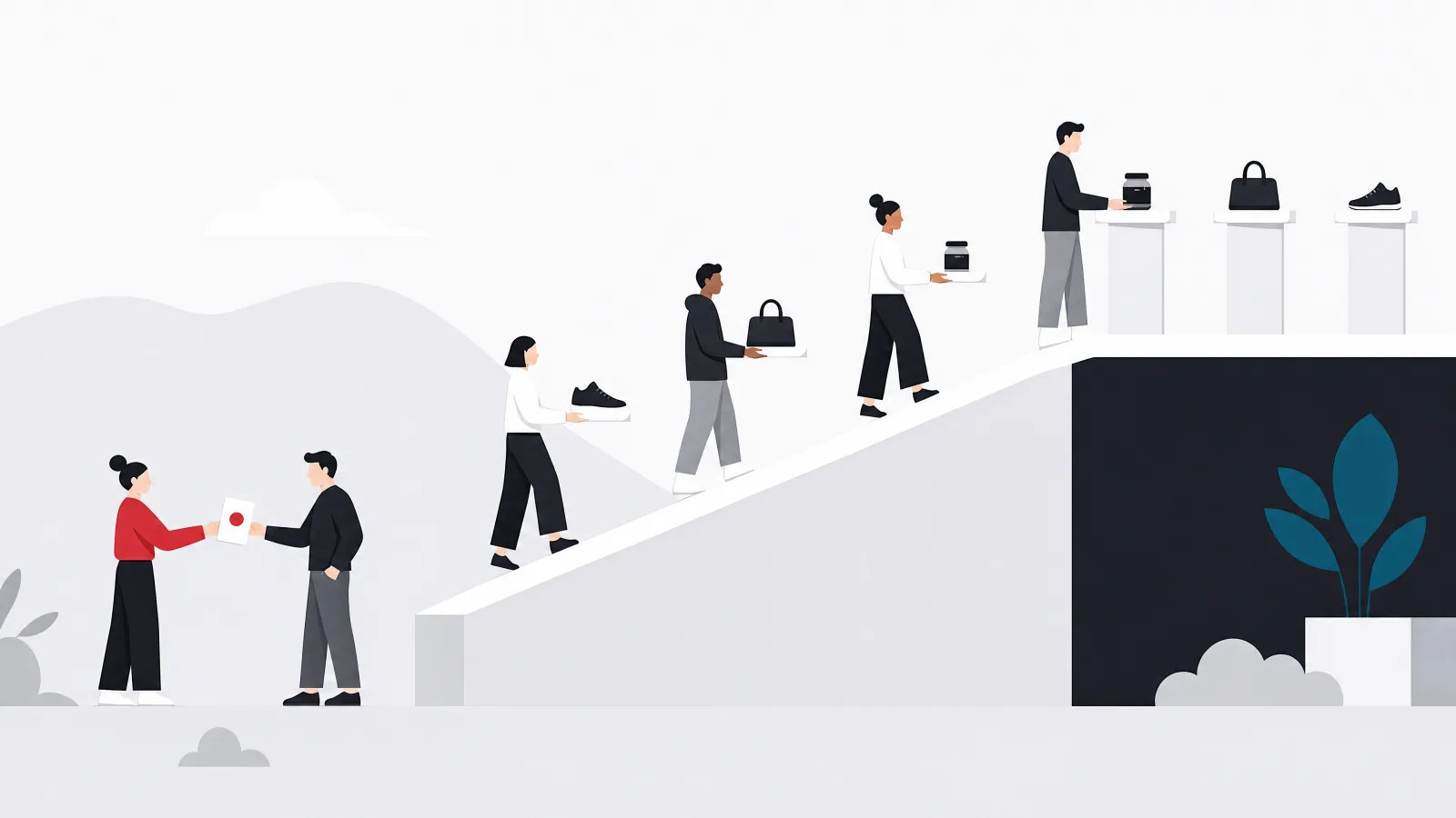 Many small figures carrying single items walking up a ramp to a platform, each receiving a one-button phone card from a helper at the base