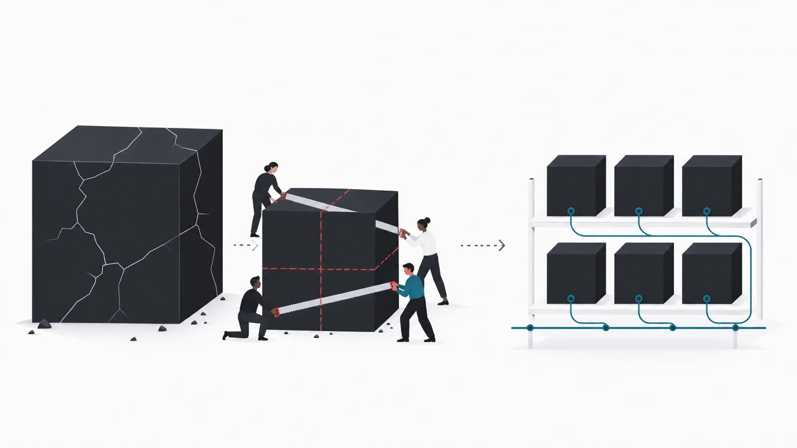 A cracked monolithic block being sawed by figures into a rack of separate blocks connected by pipes to a shared bus