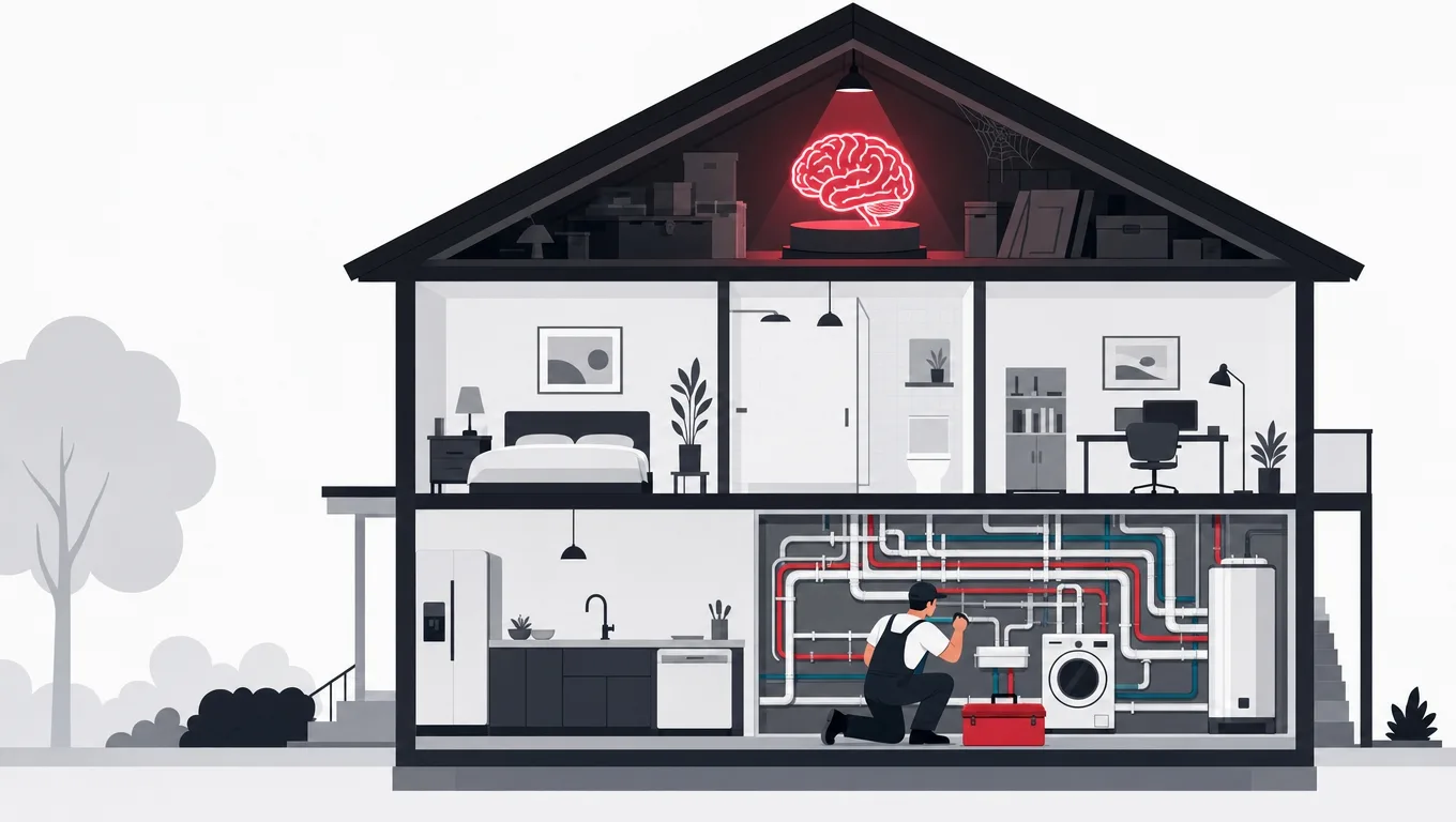 A retired glowing brain prop in an attic above a kitchen where intelligence runs as ordinary serviced pipework