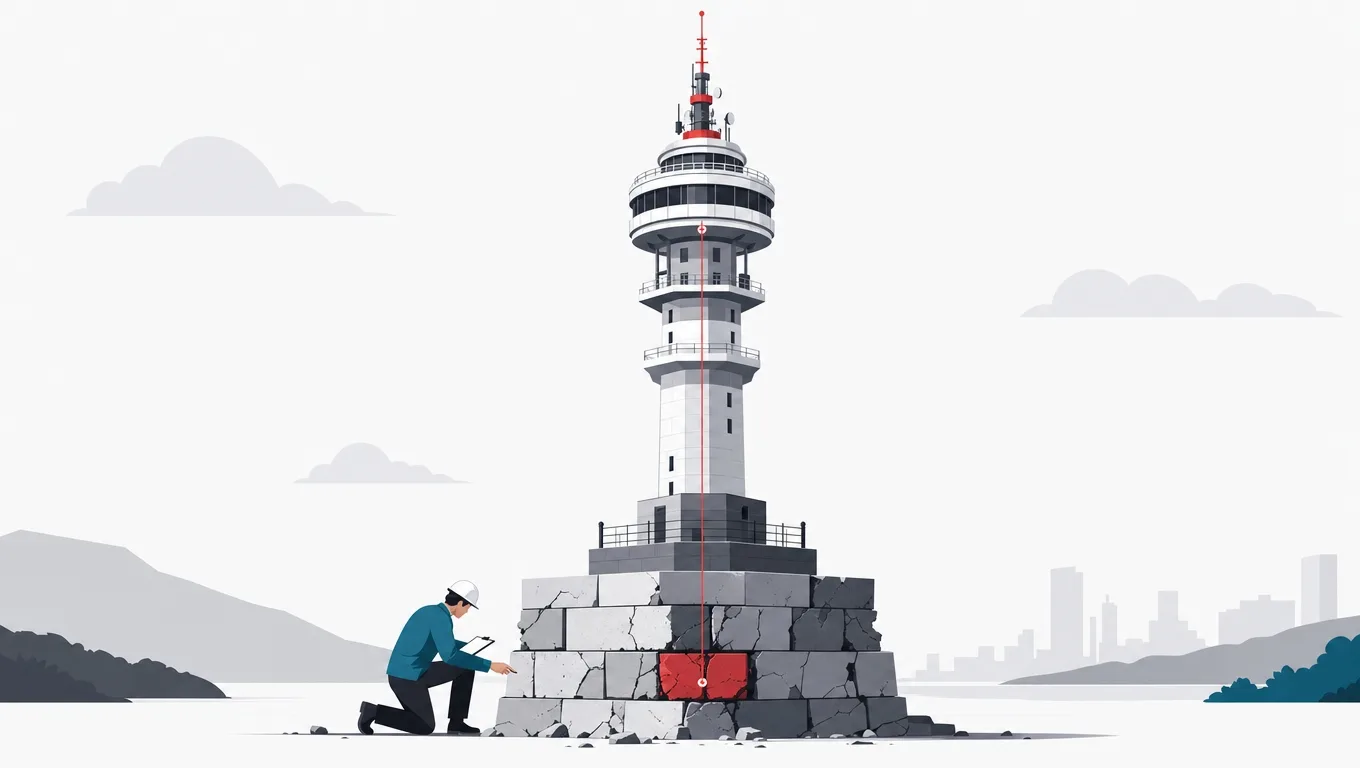 An ambitious tower whose red plumb line points to a cracked block in its mixed foundation