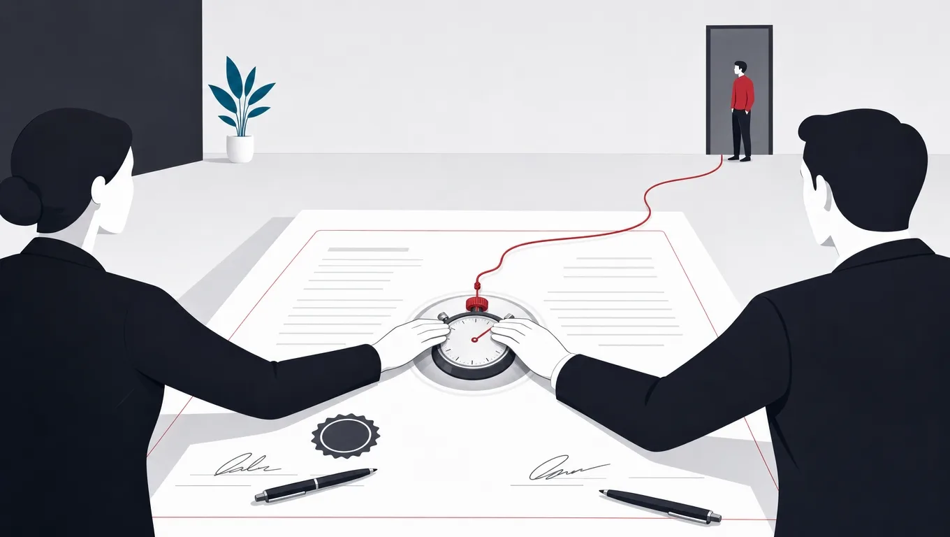 Two figures signing a contract with a stopwatch embedded in the document, a red thread linking it to a waiting user
