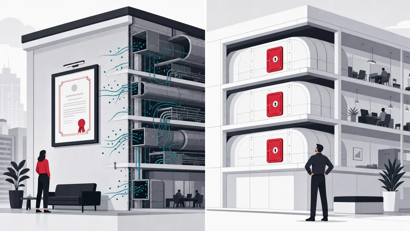 A lobby certificate beside open data ducts contrasted with sealed vaulted channels with red keyed hatches