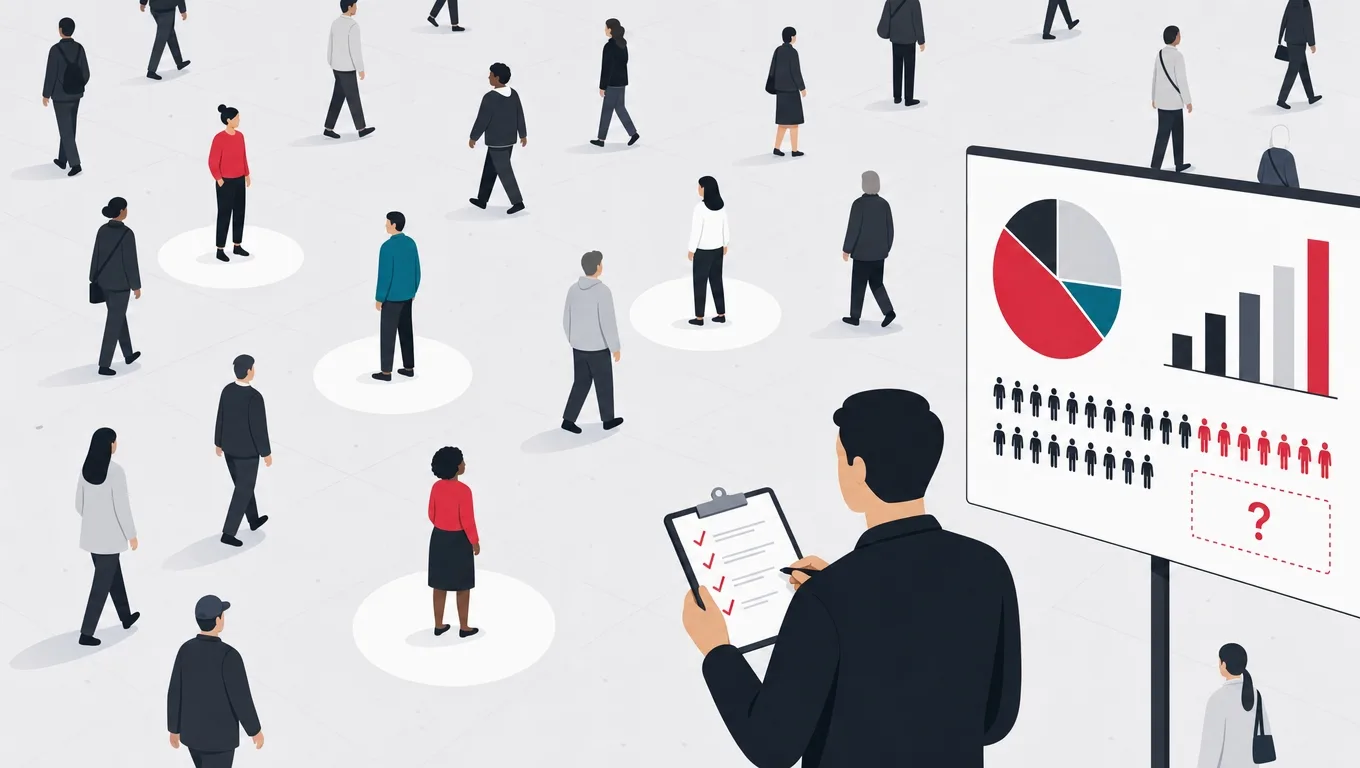 An observer counting only spotlit figures in a crowd while the tally chart shows a red question mark for sample size